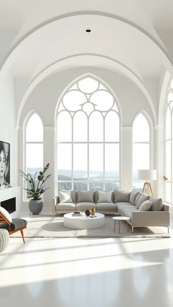 A minimalist living room featuring gothic arches, large windows, and modern furnishings.