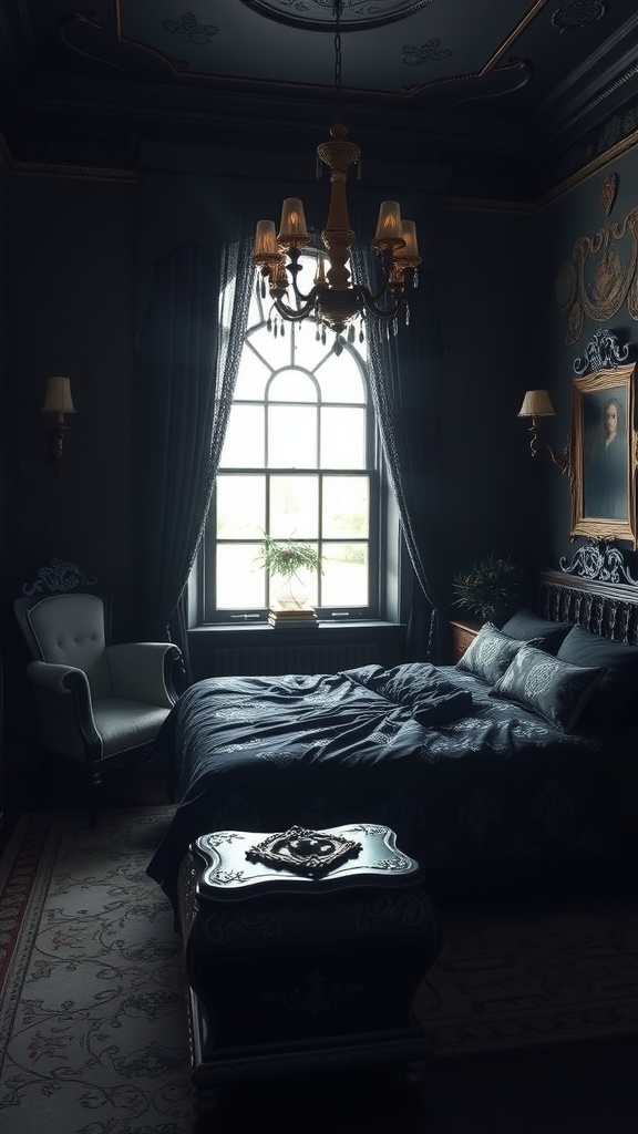 A gothic black bedroom featuring dark walls, an ornate chandelier, and plush bedding, creating a moody and elegant atmosphere.