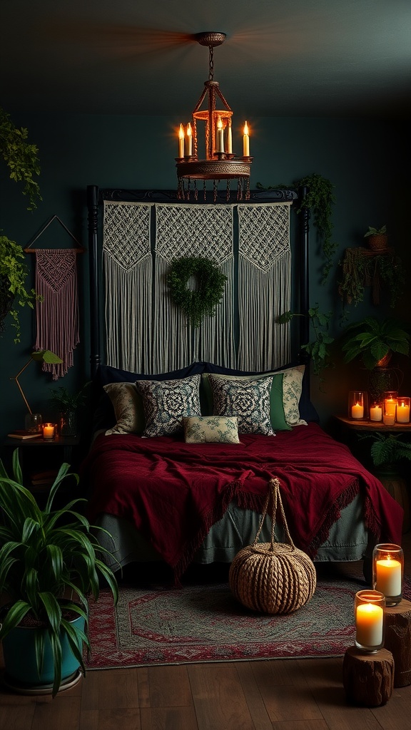 A Gothic Boho bedroom featuring dark walls, cozy textiles, and warm candlelight.