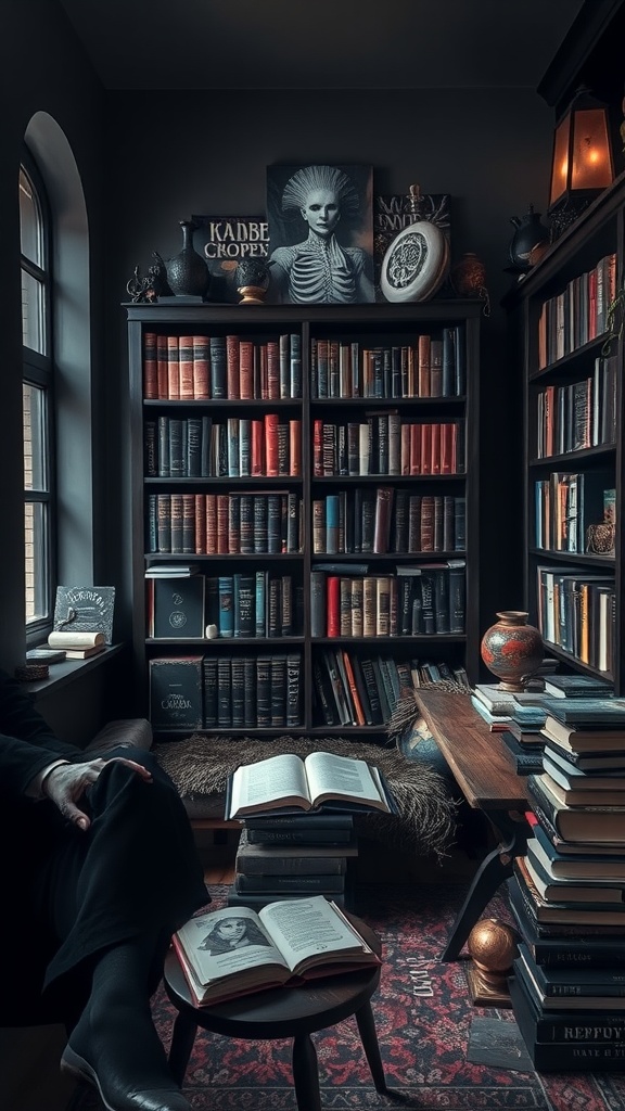 A cozy gothic book nook with dark shelves filled with books, an inviting armchair, and unique gothic decor.