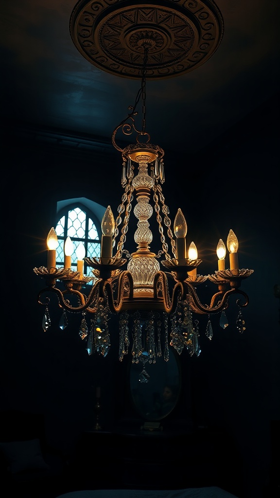 A beautifully ornate gothic chandelier with candles and crystal accents, illuminating a dark room.