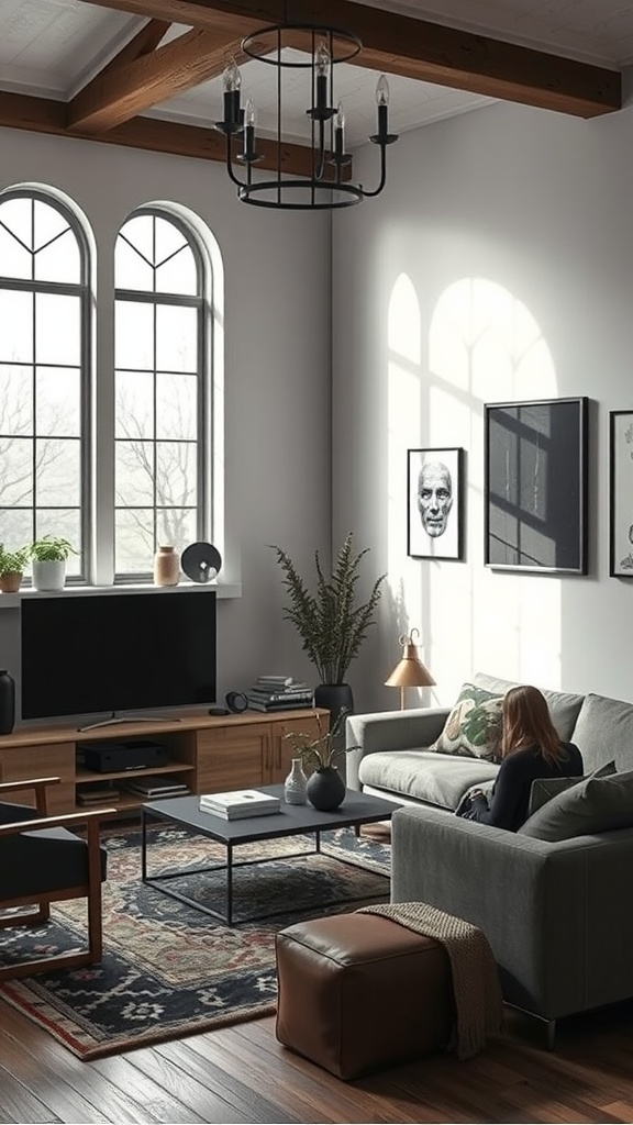 A modern living room featuring Gothic-style arched windows and minimalist furniture