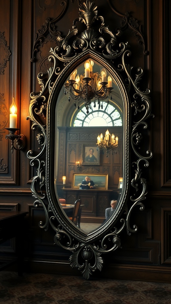 An ornate gothic mirror with candle-style lights, reflecting a classic room with dark wood paneling