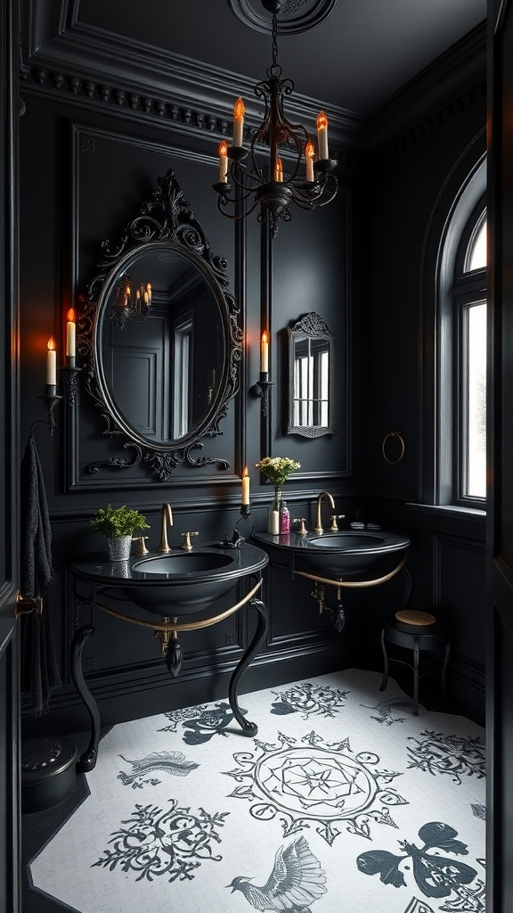 A Gothic noir style bathroom featuring black walls, ornate mirrors, a chandelier, and luxurious fixtures.