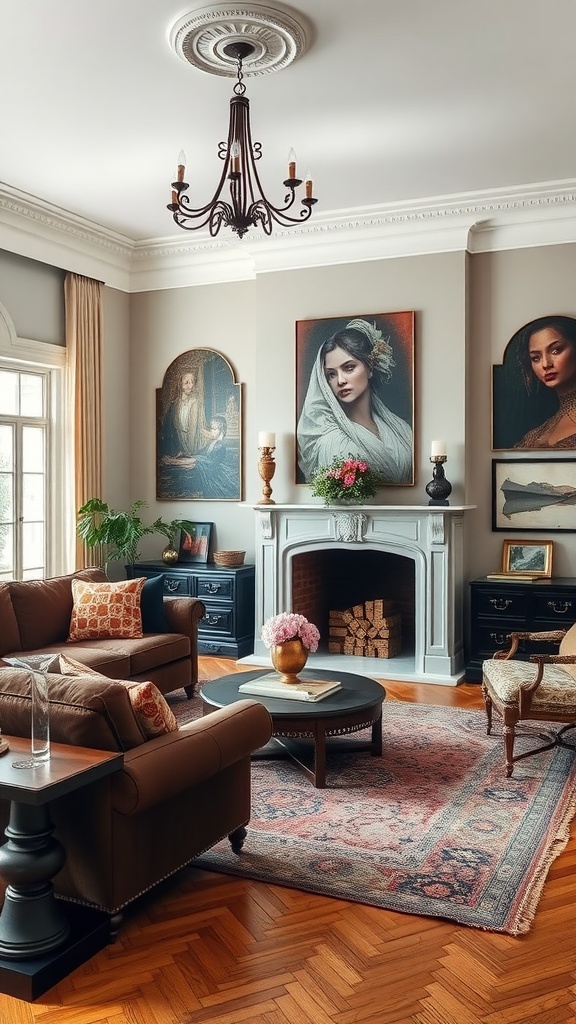 A stylish living room featuring Gothic revival elements and contemporary decor, with portraits on the walls and a vintage chandelier.