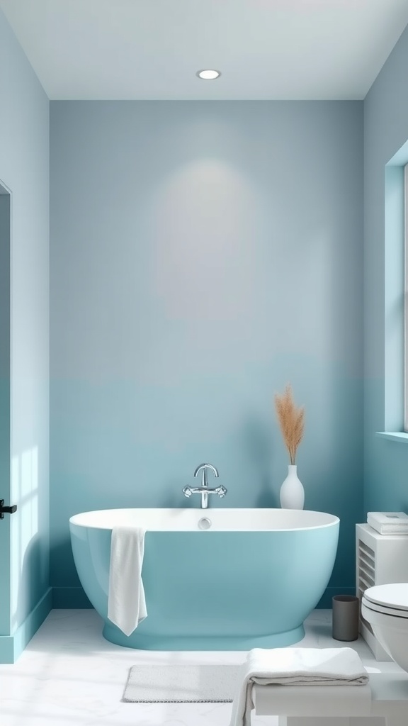 A bathroom featuring a gradient paint design on the walls, transitioning from light blue to a deeper shade, with a modern bathtub and minimal decor.