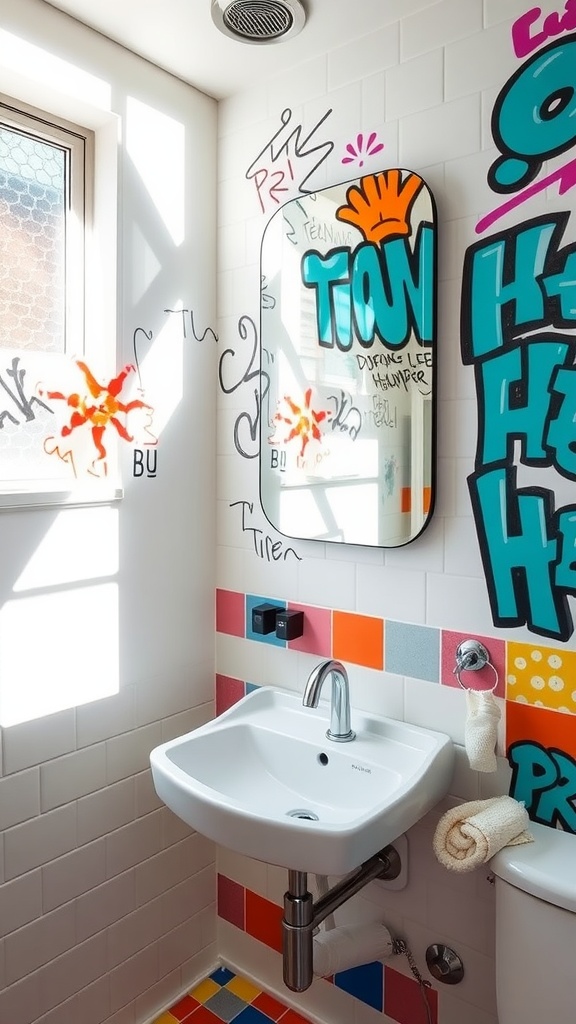 Small bathroom with a graffiti adorned mirror and colorful tiled wall