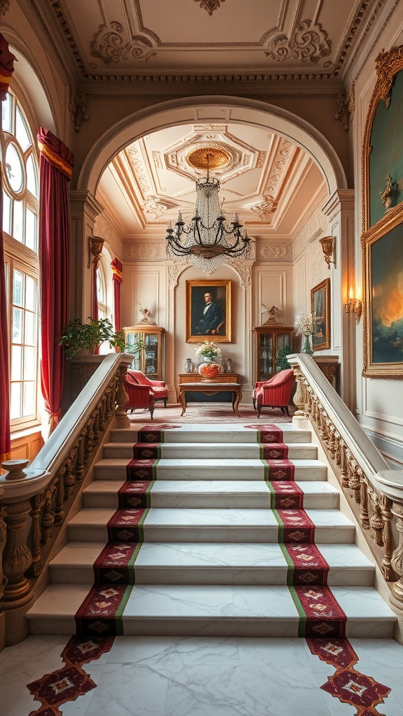 A grand staircase with ornate details and plush seating leading into a living area.