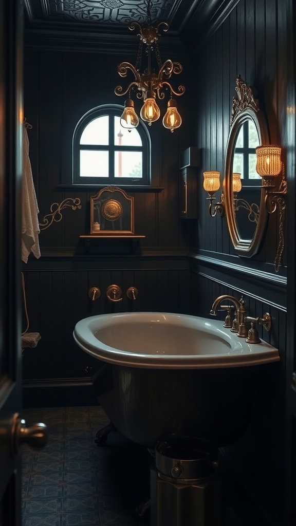 A vintage bathroom featuring dark walls, a freestanding bathtub, ornate fixtures, and elegant lighting.