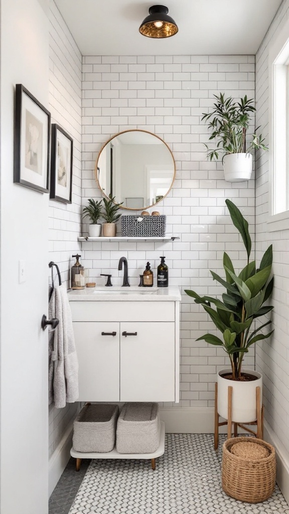 Small bathroom with white tiles, graphic black and white floor, hanging plants, and modern fixtures.