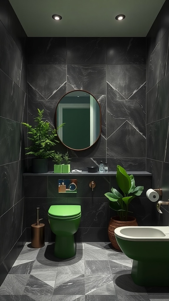 Modern bathroom featuring graphite walls and green toilet, with plants and copper accents.