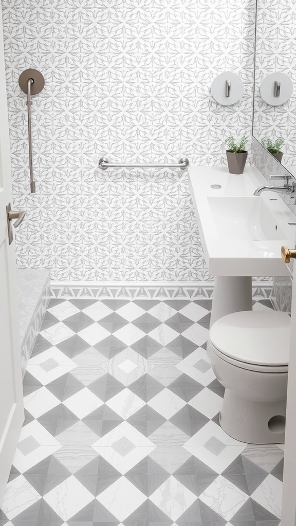 A bathroom with gray and white geometric tiles on the walls and floor, featuring a modern sink and toilet.