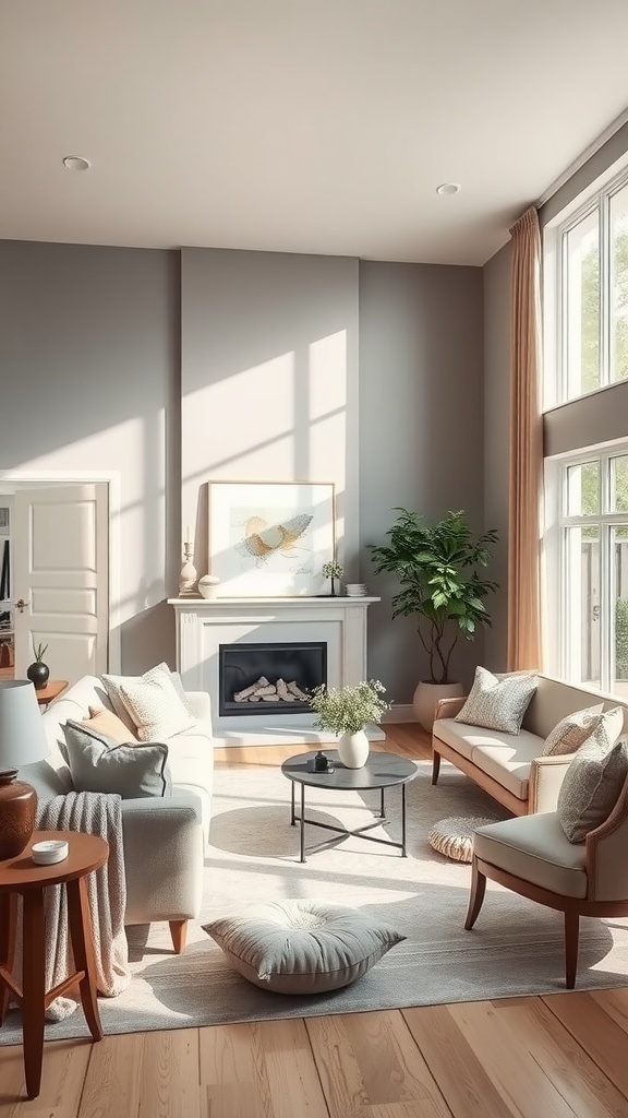 Living room featuring Gray Owl paint color, showcasing large windows, natural light, and warm decor.