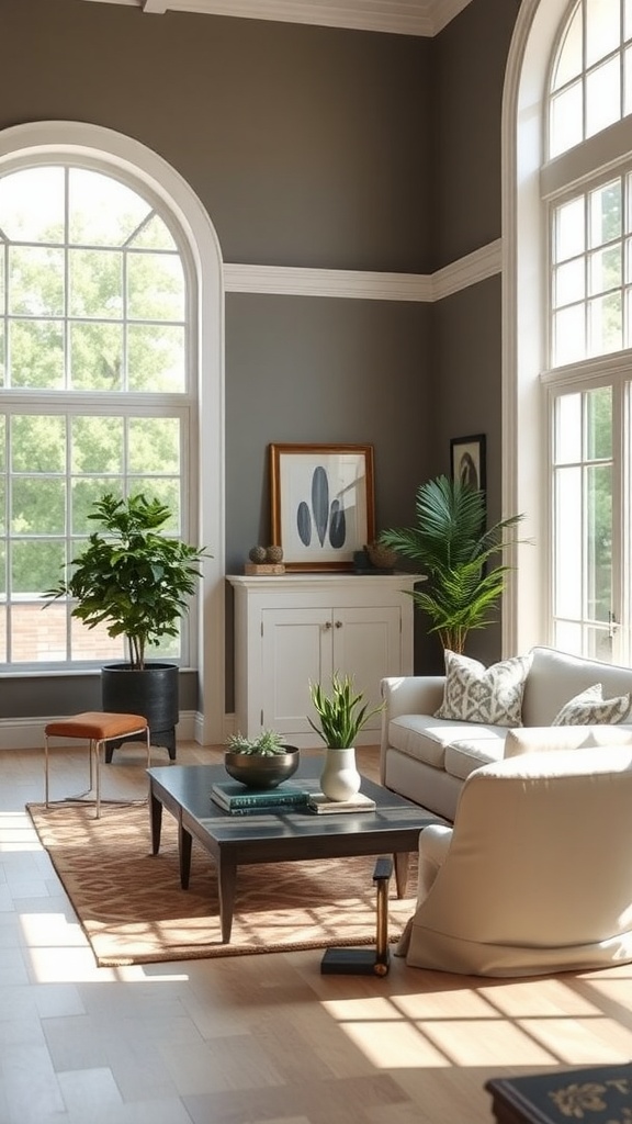 A bright living room featuring Greek Villa SW 7551 paint, with large windows and plants