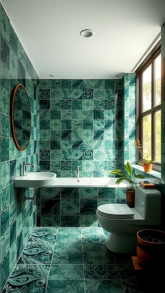 A stylish bathroom featuring green and black marbled tiles, with modern fixtures and potted plants.