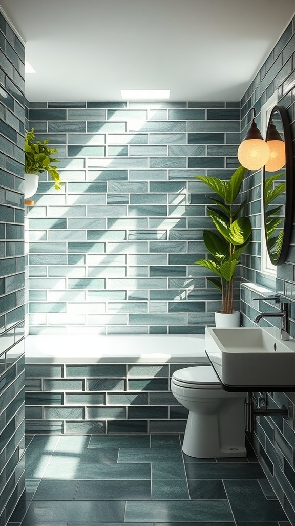 A bathroom with green and grey tile combinations, featuring natural light, a plant, and a modern sink.