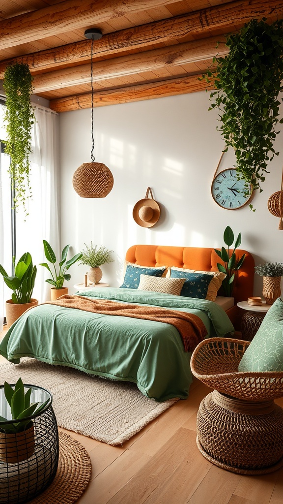 Cozy bedroom featuring green and terracotta colors, wooden beams, and plants.