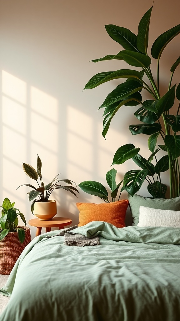 Cozy bedroom featuring green bedding, terracotta cushions, and lush houseplants.