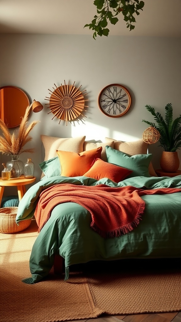 A cozy bedroom featuring green bedding and terracotta accents, with natural decor elements.