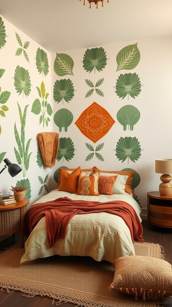 A cozy bedroom featuring green and terracotta geometric patterns on the walls, a bed with earthy pillows, and natural textures.