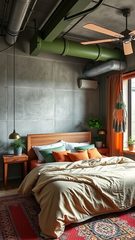 A bedroom featuring green and terracotta colors with industrial elements like exposed pipes and concrete walls.