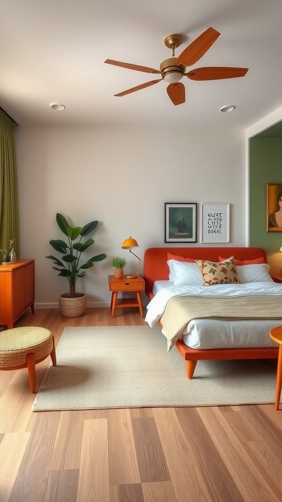 Mid-century modern bedroom featuring terracotta bed frame and green curtains