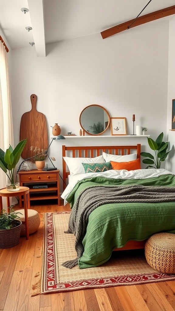 A cozy bedroom featuring a green bed coverlet, terracotta accents, wooden furniture, and indoor plants.