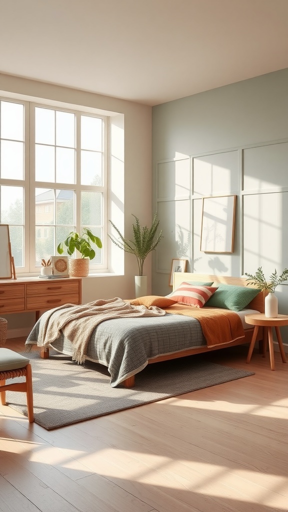 A bright Scandinavian-style bedroom with green walls, a wooden bed, terracotta accents, and plants.