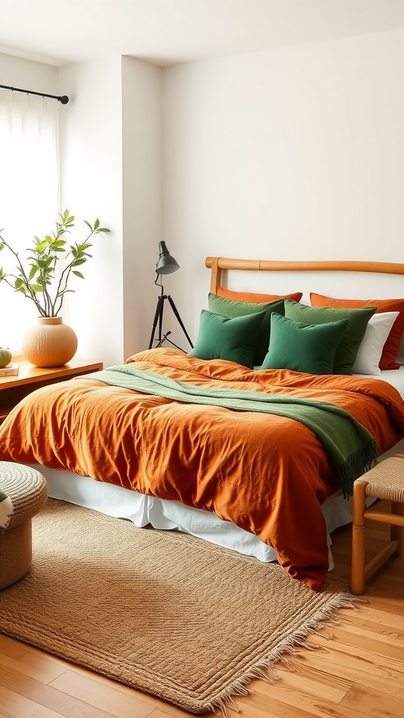 Cozy bedroom featuring terracotta bedding, green accents, and natural textures.