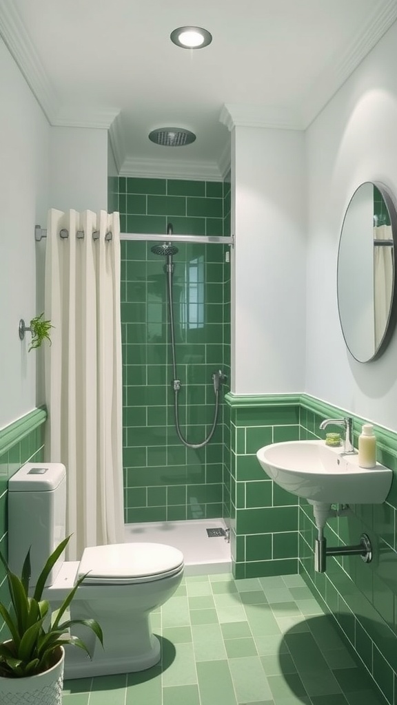 A modern bathroom featuring green tiles and white fixtures.