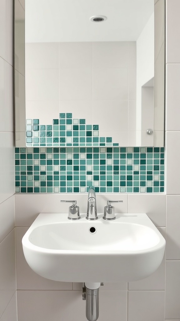 A green mosaic backsplash above a modern sink in a bathroom