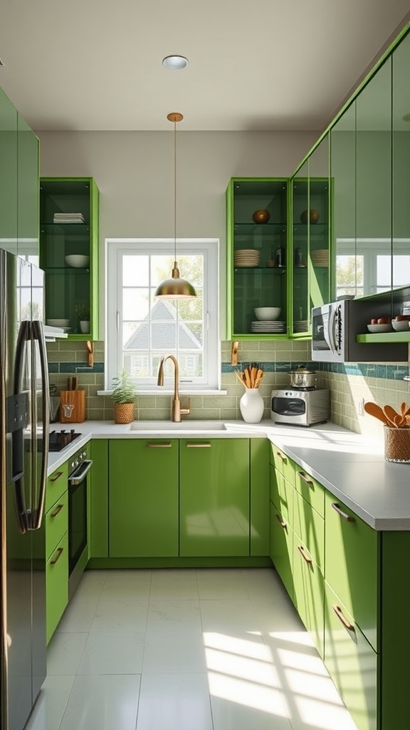 A vibrant green U-shaped kitchen with glass upper cabinets and golden accents.