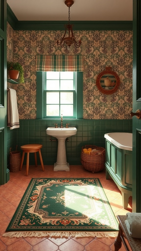 A cozy bathroom featuring a green vintage rug, blue tiles, and wooden flooring.
