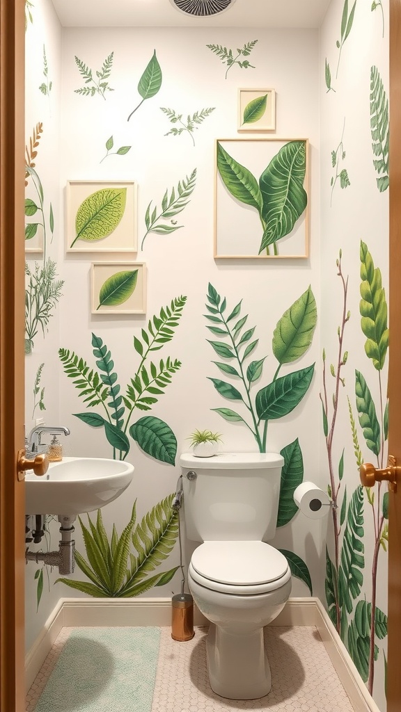 A bathroom with greenery-inspired wall art featuring various leaves and framed plant illustrations.