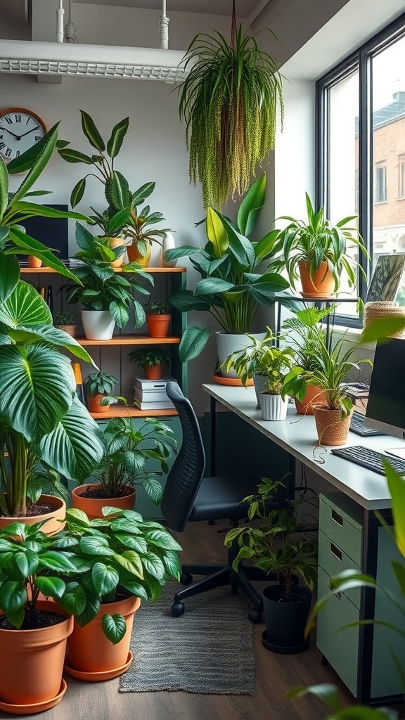 An office interior filled with various indoor plants in pots, creating a fresh and lively atmosphere.
