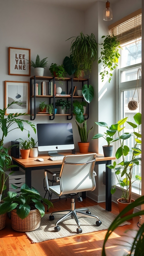 A modern home office with a wooden desk, computer, and various potted plants creating a vibrant workspace.