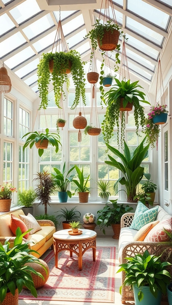 A bright sunroom filled with various hanging and potted plants, showcasing a cozy seating area with colorful cushions and a wooden coffee table.
