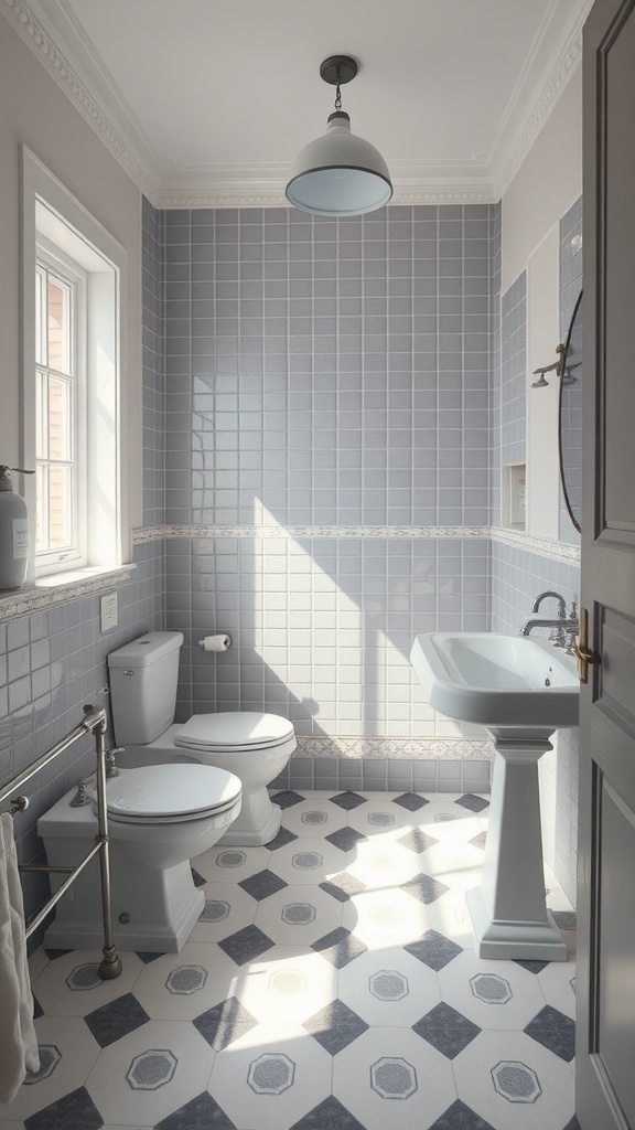 A modern bathroom featuring grey tiles on the walls and a patterned floor with grey and white tones.