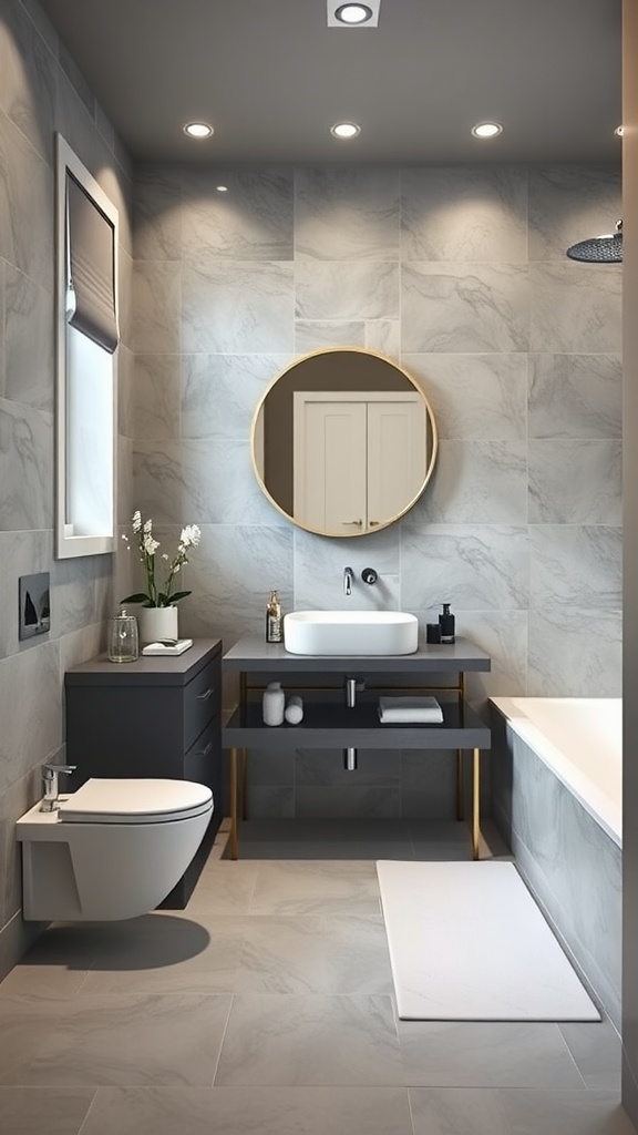 A modern grey bathroom featuring marble tiles, a floating vanity with gold accents, and a round mirror.