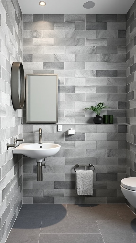 Modern bathroom featuring grey tile combinations on the walls and floor, with a white sink and mirror.