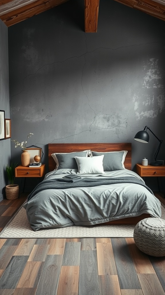 A dark gray bedroom featuring a wooden bed frame and warm accents, creating a gritty yet cozy atmosphere.