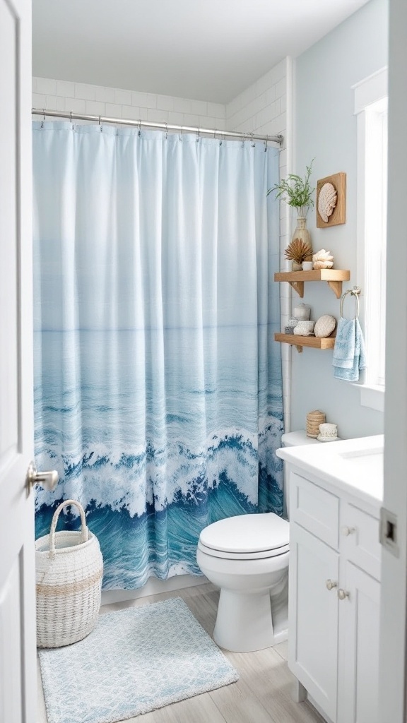 Coastal-themed guest bathroom with blue walls and a wave-patterned shower curtain