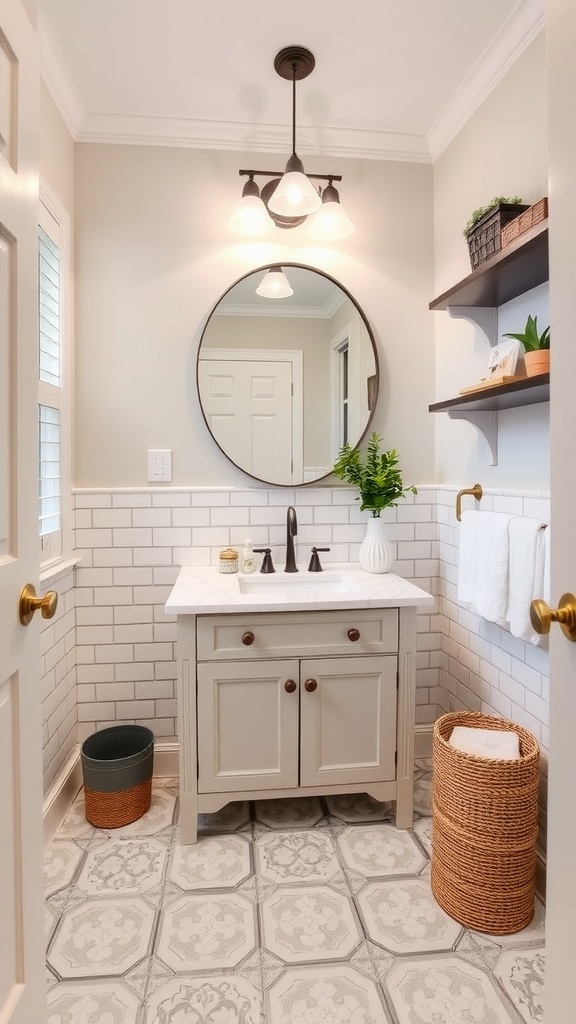 A beautifully renovated guest bathroom featuring a gray vanity, white subway tiles, and decorative plants.