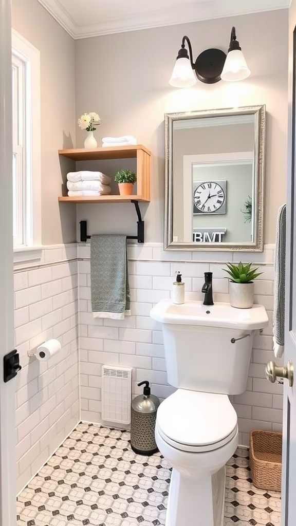 A renovated guest bathroom featuring white subway tiles, black fixtures, and open shelving with plants and towels.