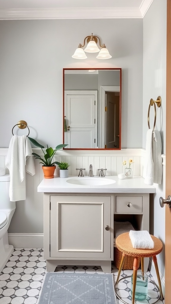 Updated guest bathroom with gray walls, red framed mirror, and modern vanity