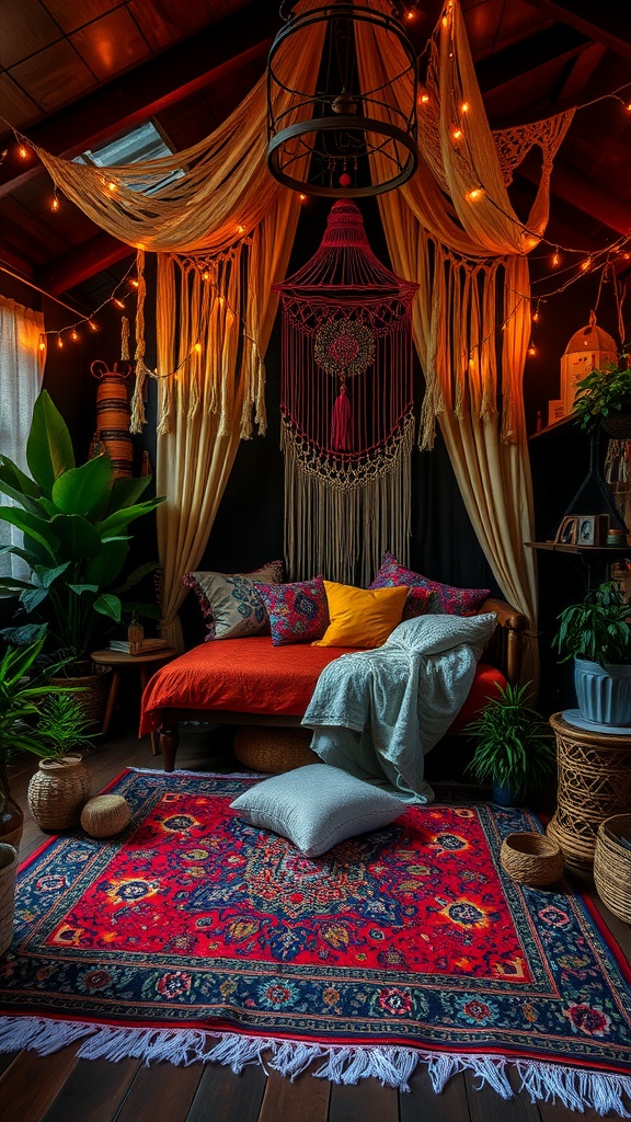 Gypsy-inspired dark boho bedroom with layered textiles and plants.