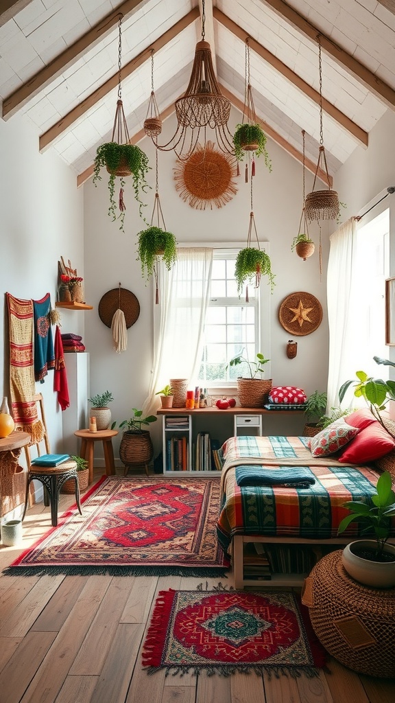 A vibrant boho style bedroom with high ceilings, featuring colorful rugs, hanging plants, and a cozy bed.