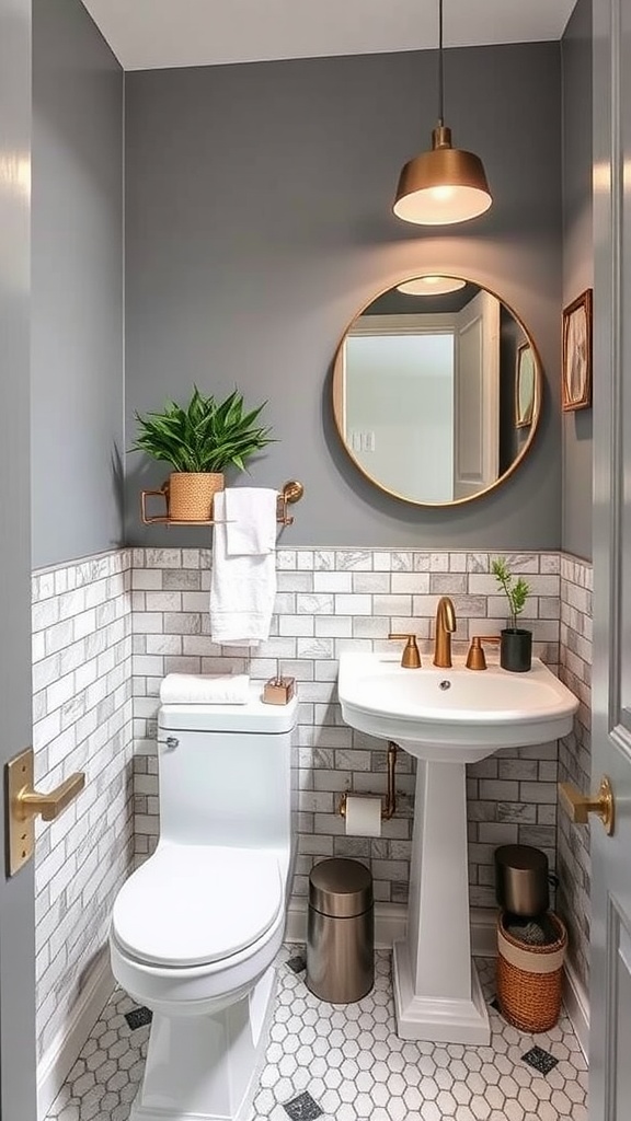 A beautifully remodeled half bath featuring gray walls, white subway tiles, hexagonal flooring, and gold fixtures.