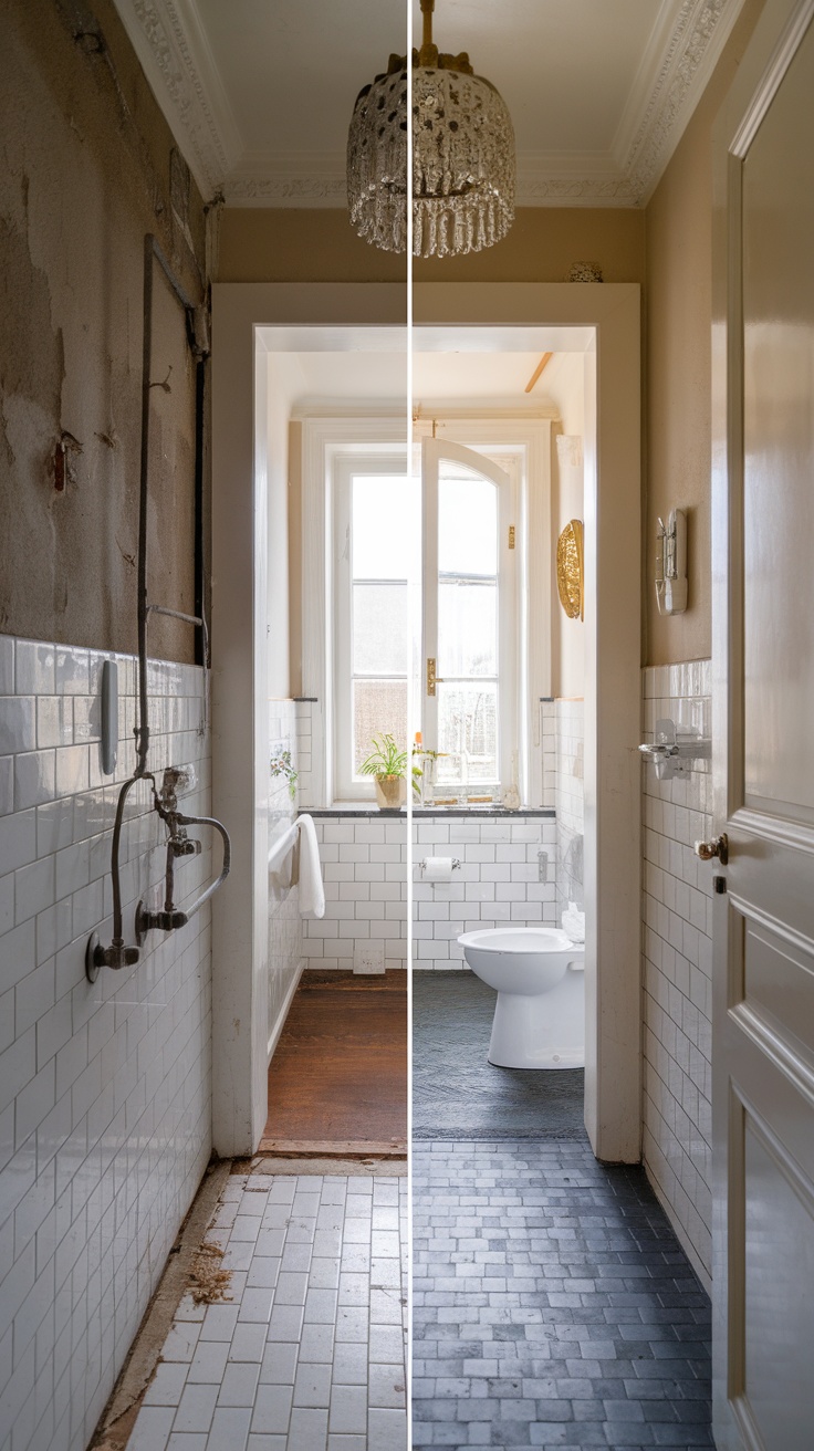 Before and after hallway bathroom transformation