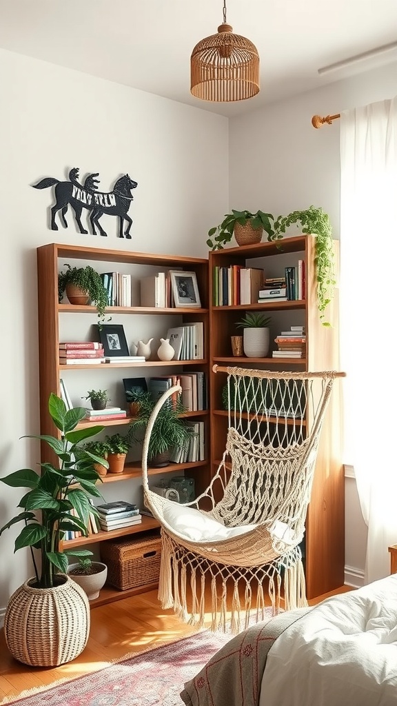 A cozy hammock chair next to a bookshelf filled with books and plants in a boho style bedroom.